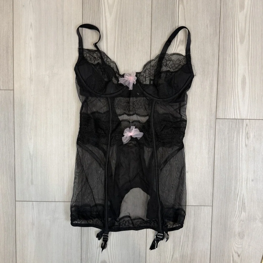 Victoria Secret Black Garter Slip Chemise Babydoll 36C Underwire Y2K Lace‎